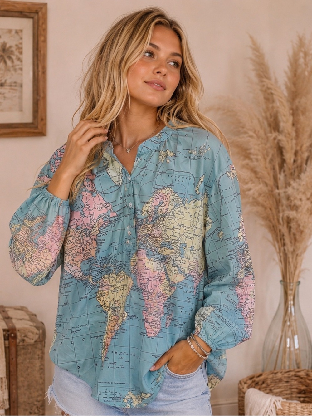 Amazon Blue World Map Print Button-Down Blouse